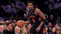 Knicks forward OG Anunoby (8) brings the ball up court against the Miami Heat during the first quarter at Madison Square Garden