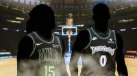 Silouhettes of Jose Alvarado, Donte DiVincenzo where you can see their jerseys and shorts but they are blacked out with Madison Square Garden behind them