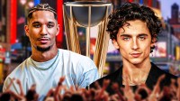 New York Knicks star Josh Hart and Marty Supreme star Timothée Chalamet with NBA Cup Finals trophy.