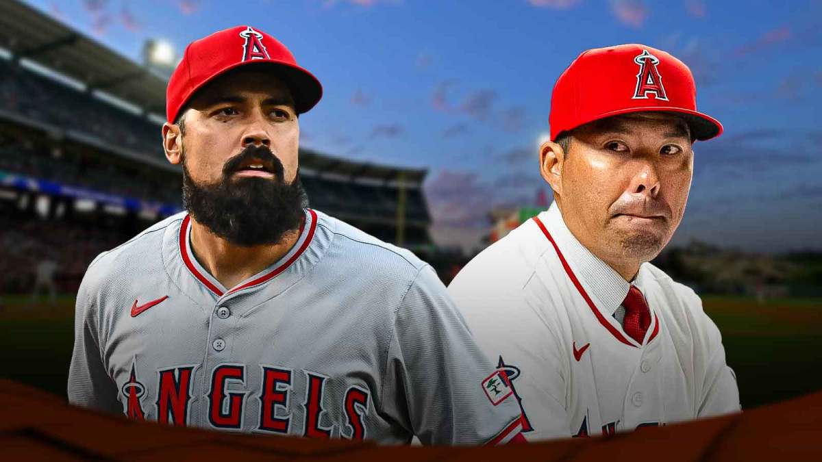 Angels manager Kurt Suzuki and Angels Anthony Rendon both looking serious at Angel Stadium.