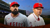 Angels manager Kurt Suzuki and Angels Anthony Rendon both looking serious at Angel Stadium.