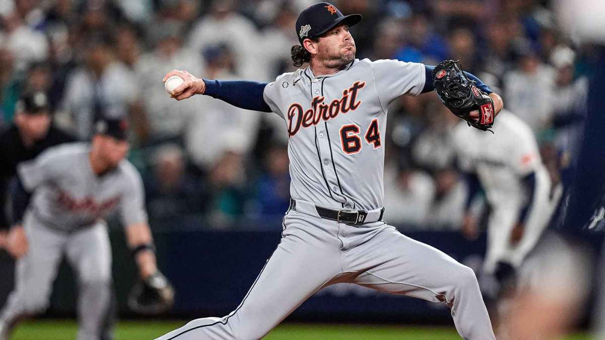 Detroit Tigers pitcher Kyle Finnegan (64) throws against Seattle Mariners during the seventh inning during ALDS Game 5 at T-Mobile Park in Seattle on Friday, Oct. 10, 2025.