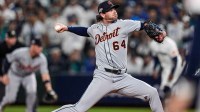 Detroit Tigers pitcher Kyle Finnegan (64) throws against Seattle Mariners during the seventh inning during ALDS Game 5 at T-Mobile Park in Seattle on Friday, Oct. 10, 2025.