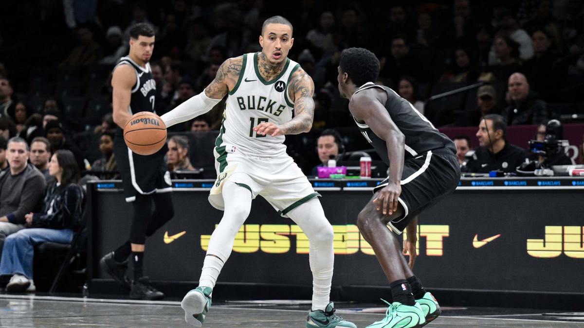 Milwaukee Bucks forward Kyle Kuzma (18) dribbles the ball defended by Brooklyn Nets guard/forward Drake Powell (4) during the first half at Barclays Center.