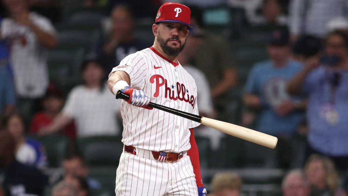 National League designated hitter Kyle Schwarber (12) of the Philadelphia Phillies reacts in the home run swing off tiebreaker during the 2025 MLB All Star Game at Truist Park
