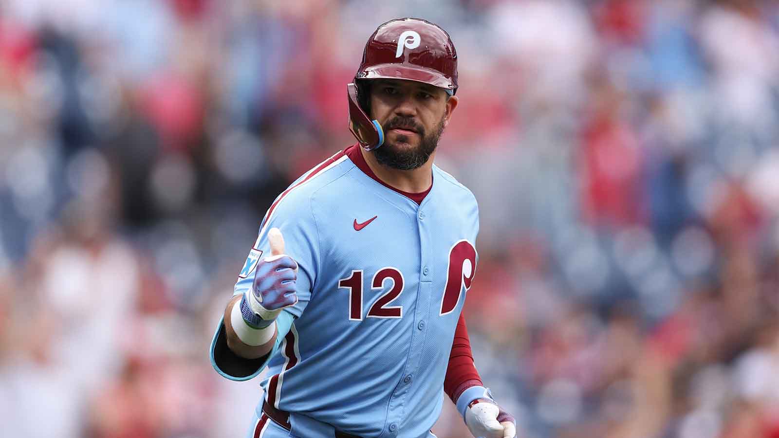 Philadelphia Phillies outfielder Kyle Schwarber (12) reacts after hitting a home run during the seventh inning against the Atlanta Braves at Citizens Bank Park.