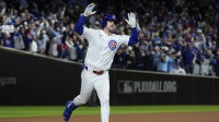 Chicago Cubs right fielder Kyle Tucker (30) reacts after hitting a home run against the Milwaukee Brewers during the seventh inning for game four of the NLDS round for the 2025 MLB playoffs at Wrigley Field.