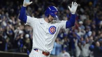 Chicago Cubs right fielder Kyle Tucker (30) reacts after hitting a home run against the Milwaukee Brewers during the seventh inning for game four of the NLDS round for the 2025 MLB playoffs at Wrigley Field.