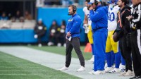 Los Angeles Rams head coach Sean McVay looks on during the first quarter against the Carolina Panthers at Bank of America Stadium.