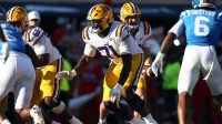 LSU Tigers offensive lineman Tyree Adams (71) blocks during the third quarter against the Mississippi Rebels at Vaught-Hemingway Stadium.
