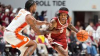 Alabama guard Labaron Philon Jr. (0) drives against Clemson guard Dillon Hunter (2) at Coleman Coliseum.
