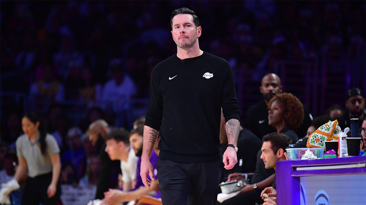 Los Angeles Lakers head coach JJ Redick watches game action against the Houston Rockets during the first half at Crypto.com Arena.