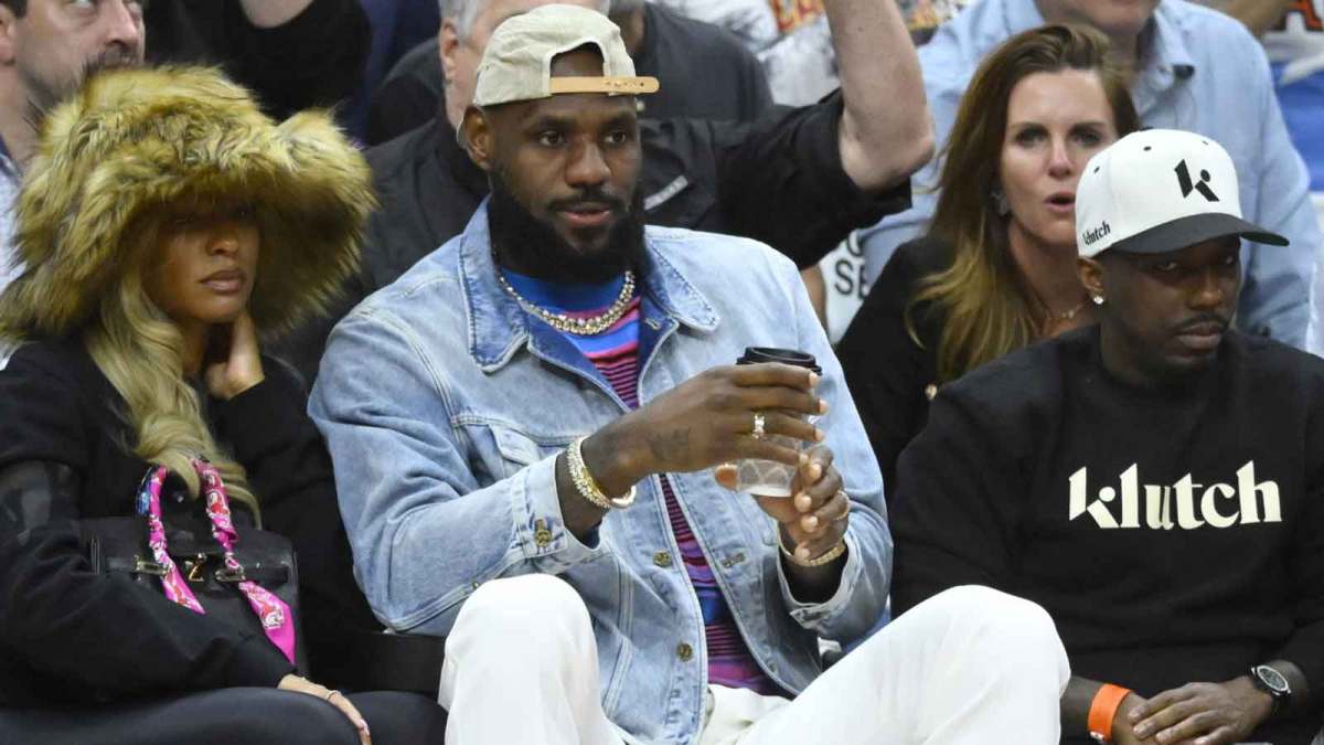 LeBron James and Rich Paul sit in the front in the fourth quarter of game four of the second round for the 2024 NBA playoffs between the Cleveland Cavaliers and the Boston Celtics at Rocket Mortgage FieldHouse