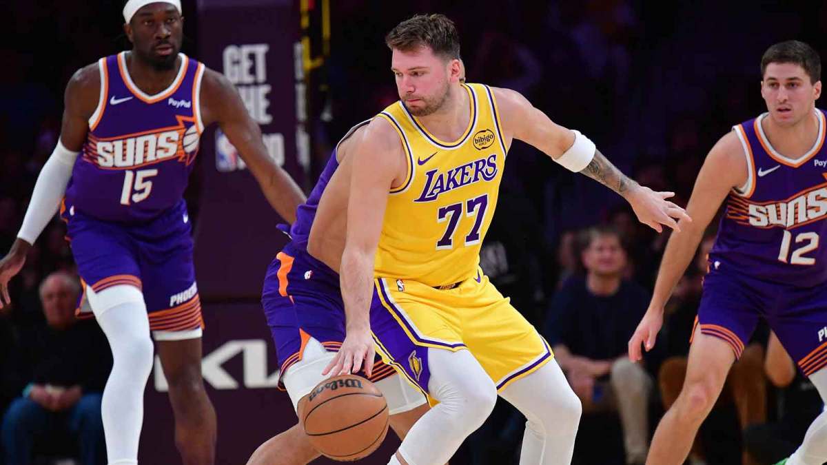 Lakers' Luka Doncic (77) controls the ball