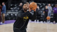 Los Angeles Lakers guard Marcus Smart (36) warms up before a game against the Utah Jazz at Delta Center.
