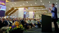 LSU new head coach Lane Kiffin speaks at South Stadium Club at Tiger Stadium.