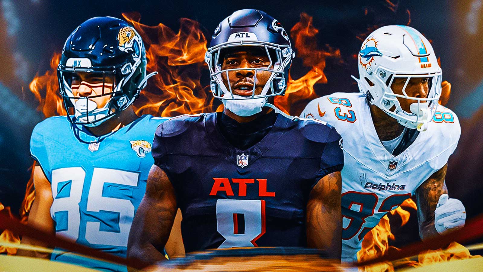 Brenton Strange, Kyle Pitts, Darren Waller all beside each other, Flames in the background