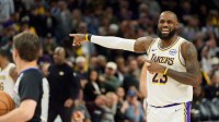 Los Angeles Lakers forward LeBron James (23) reacts after a foul during the second half of a game against the Phoenix Suns at Mortgage Matchup Center.
