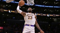 Los Angeles Lakers forward Lebron James (23) dunks in the second half against the Sacramento Kings at Crypto.com Arena.