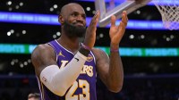 Los Angeles Lakers forward Lebron James (23) reacts after a missed basket during the second half against the San Antonio Spurs at Crypto.com Arena.