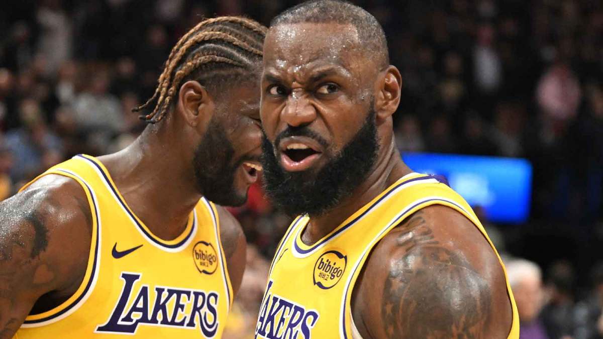 Los Angeles Lakers forward LeBron James (23) reacts after a win over the Toronto Raptors at Scotiabank Arena.