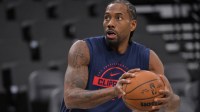Los Angeles Clippers forward Kawhi Leonard (2) warms up prior to the game against the Sacramento Kings at Intuit Dome