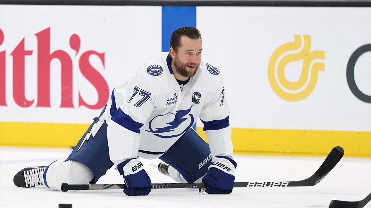Tampa Bay Lightning defenseman Victor Hedman (77) warms up before a game against the Utah Mammoth at Delta Center.