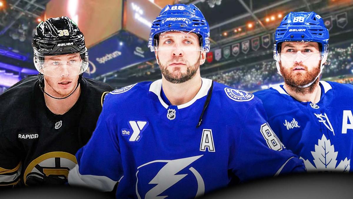 Tampa Bay Lightning star Nikita Kucherov in the center of the image. Toronto Maple Leafs star William Nylander on Kucherov's right. Boston Bruins star Morgan Geekie on Kucherov's left. Please use an image of Amalie Arena as the background image.