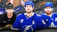 Tampa Bay Lightning star Nikita Kucherov in the center of the image. Toronto Maple Leafs star William Nylander on Kucherov's right. Boston Bruins star Morgan Geekie on Kucherov's left. Please use an image of Amalie Arena as the background image.