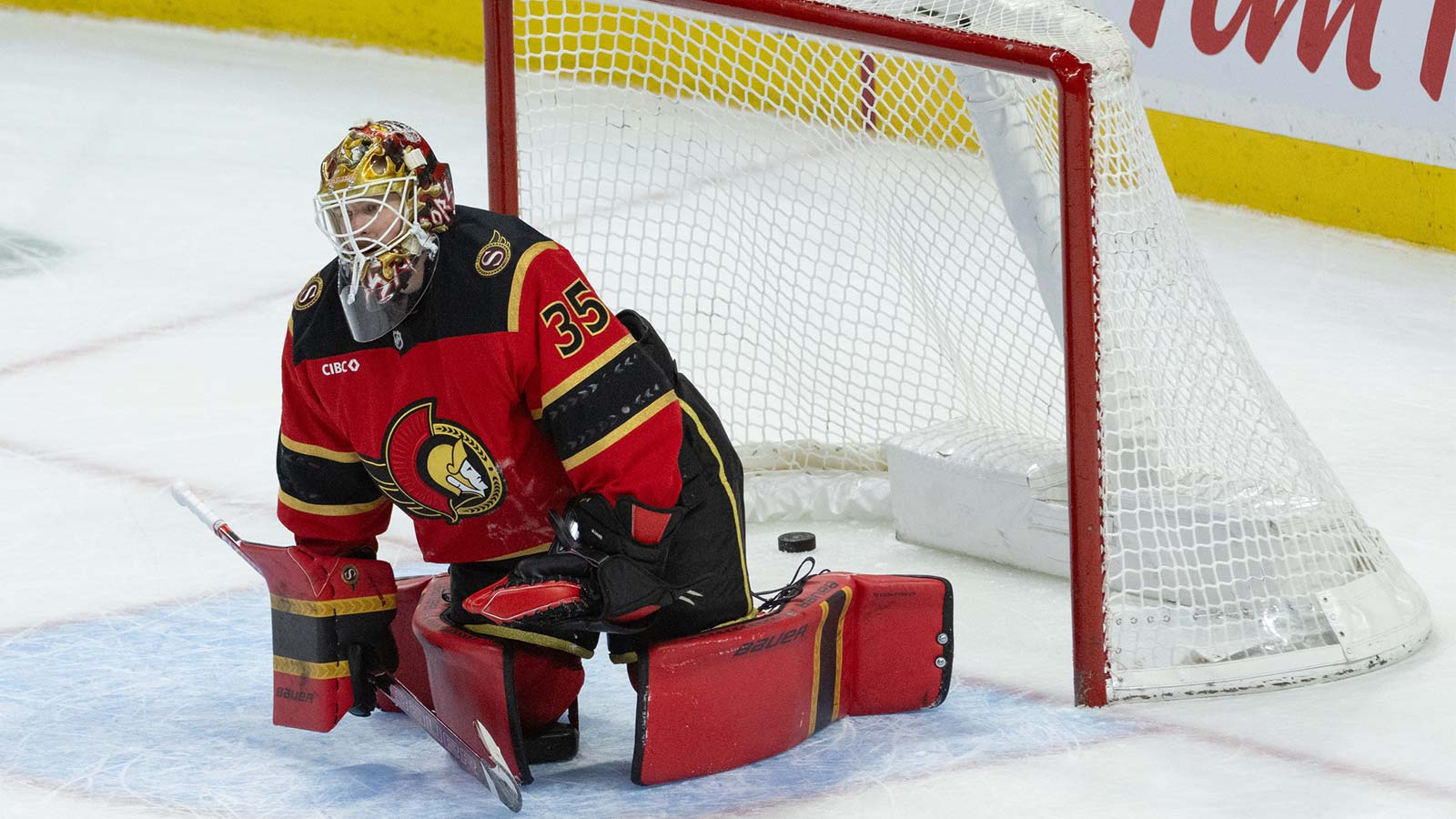 Ottawa Senators goalie Linus Ullmark (35) reacts to a goal scored in overtime by Buffalo Sabres defenseman Bowen Byram (4) (Not Pictured) at the Canadian Tire Centre.