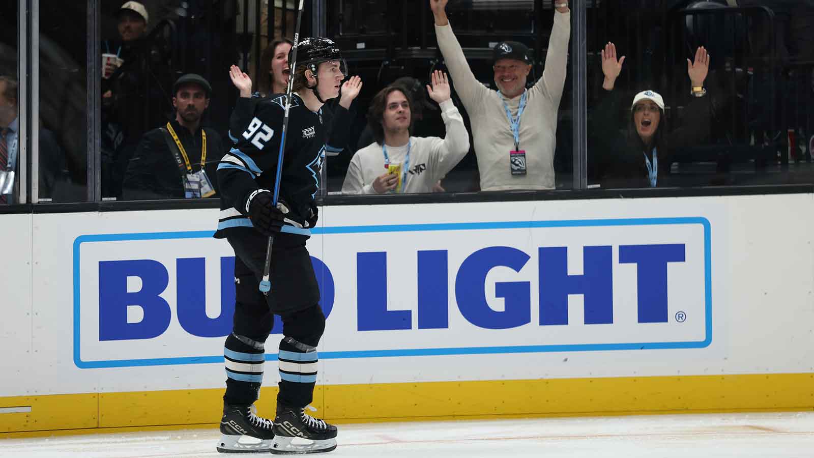 Utah Mammoth center Logan Cooley (92) celebrates a goal against the Vegas Golden Knights during the third period at Delta Center.