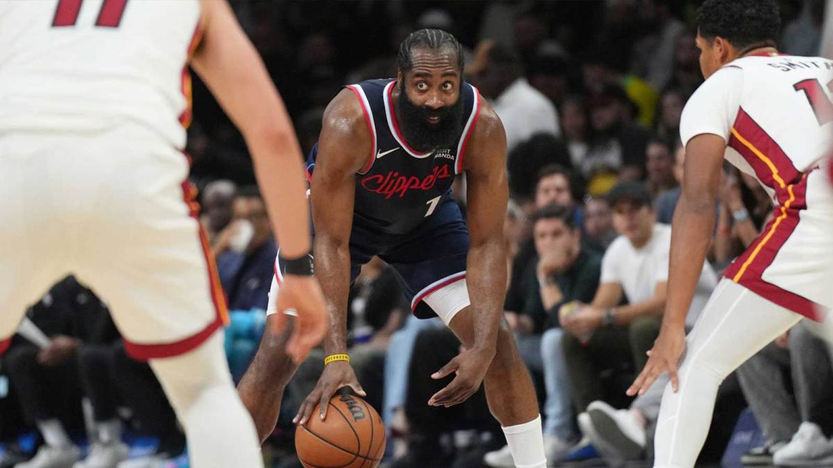 Dec 1, 2025; Miami, Florida, USA; Los Angeles Clippers guard James Harden (1) looks to pass the ball against the Miami Heat during the first half at Kaseya Center. Mandatory Credit: Jim Rassol-Imagn Images