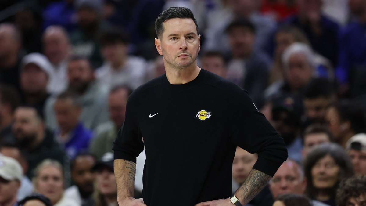 Los Angeles Lakers head coach JJ Redick looks on during the second quarter against the Philadelphia 76ers at Xfinity Mobile Arena.