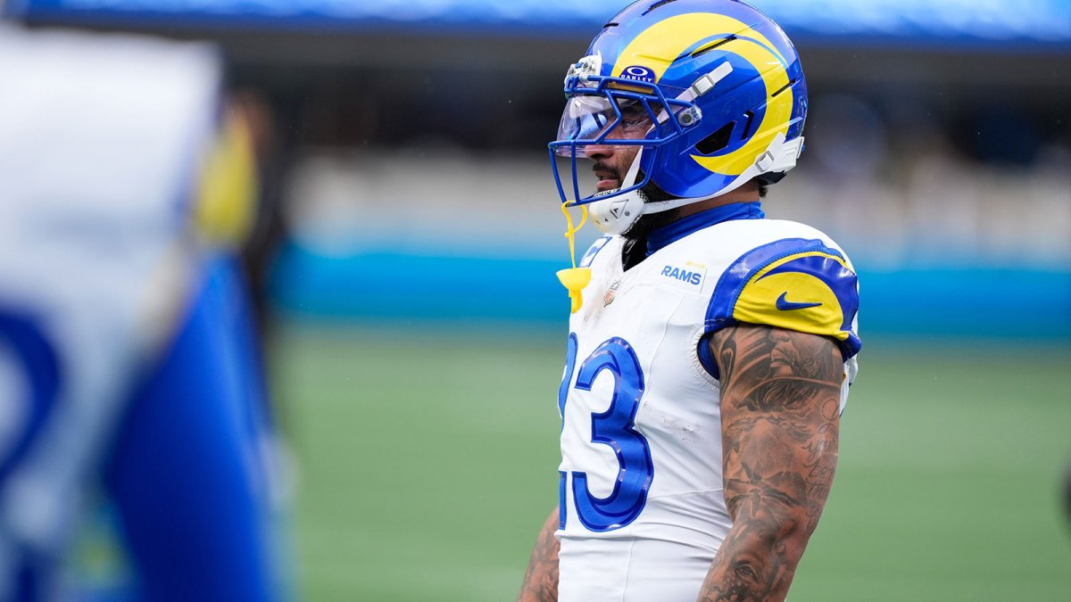 Los Angeles Rams running back Kyren Williams (23) looks on before the game against the Carolina Panthers at Bank of America Stadium.