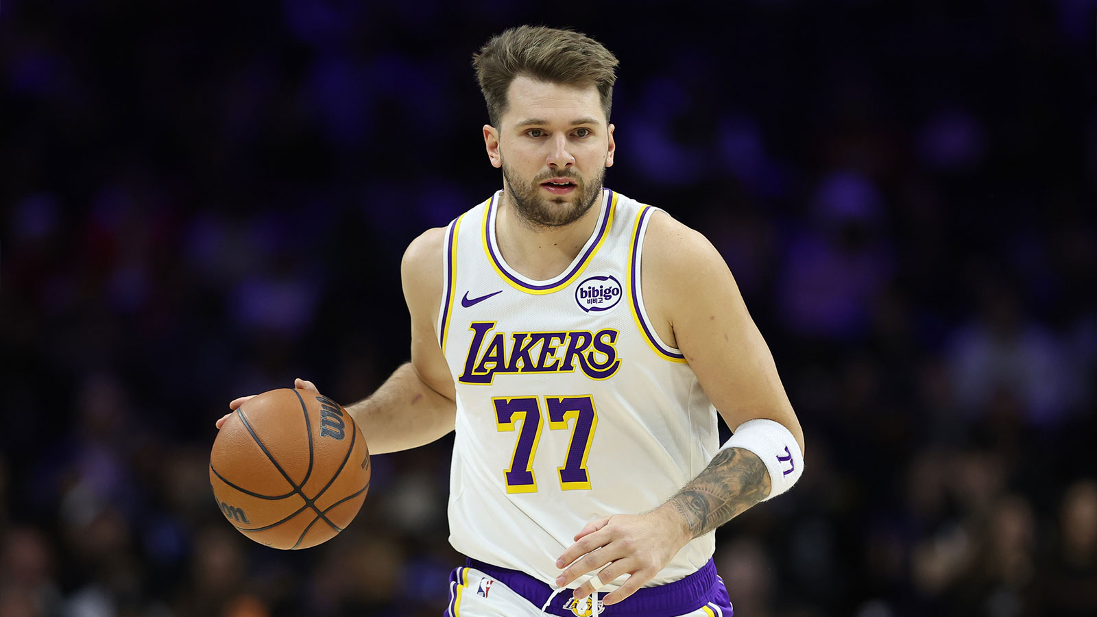 Los Angeles Lakers guard Luka Doncic (77) in action against the Philadelphia 76ers during the first quarter at Xfinity Mobile Arena.