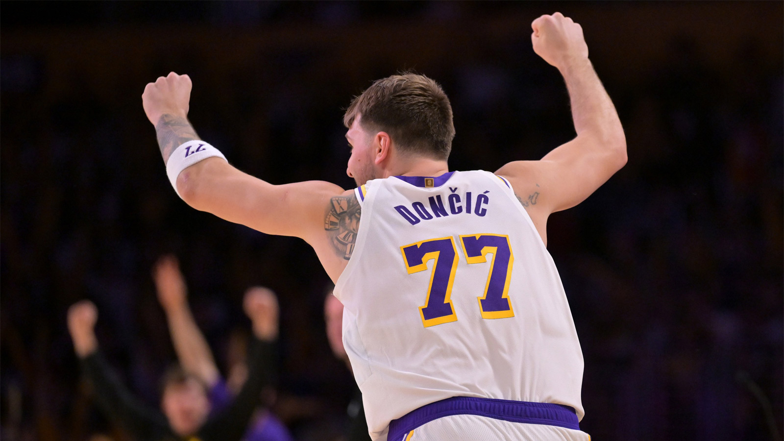 Los Angeles Lakers guard Luka Doncic (77) reacts after a 3-point basket in the second half against the Sacramento Kings at Crypto.com Arena.