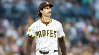 San Diego Padres starting pitcher Dylan Cease (84) reacts after walking a batter during the fourth inning against the Colorado Rockies at Petco Park.