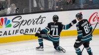San Jose Sharks center Macklin Celebrini (71) celebrates after the goal against the Calgary Flames during the third period at SAP Center at San Jose.