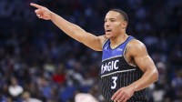 Orlando Magic guard Desmond Bane (3) reacts after a basket against the San Antonio Spurs in the third quarter at Kia Center.