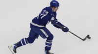 Toronto Maple Leafs forward Bobby McMann (74) shoots the puck during warm up before a game against the Tampa Bay Lightning at Scotiabank Arena.