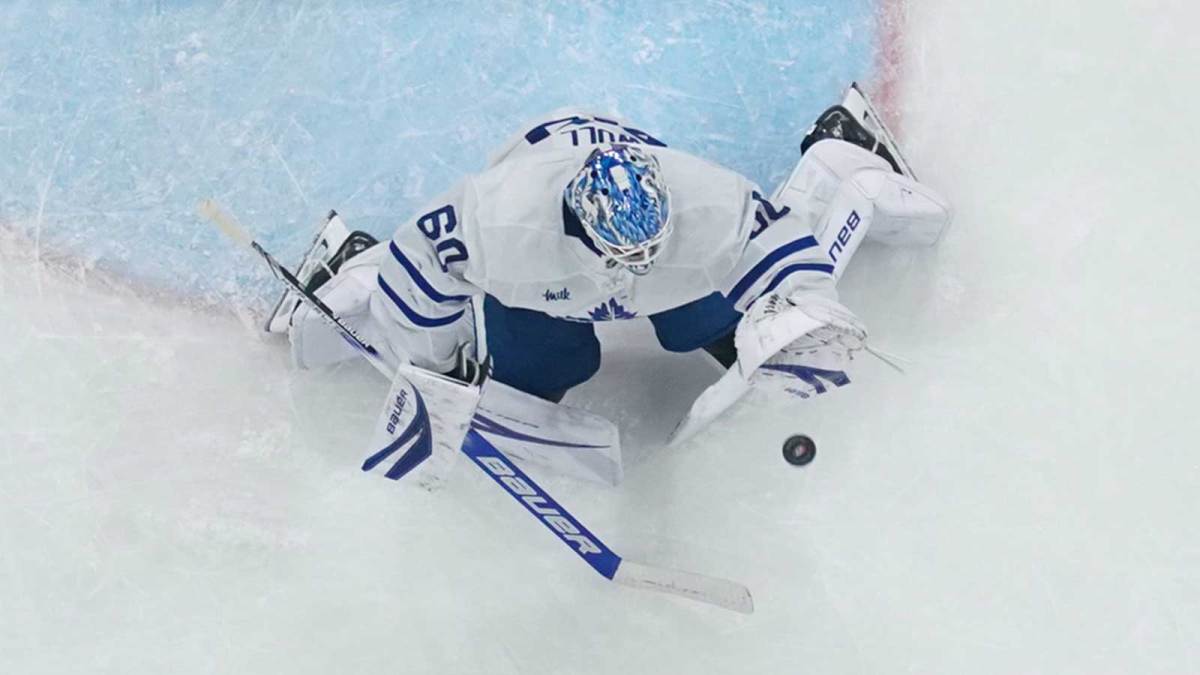Toronto Maple Leafs goaltender Joseph Woll (60) makes a save against the Carolina Hurricanes during the second period at Lenovo Center.