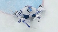 Toronto Maple Leafs goaltender Joseph Woll (60) makes a save against the Carolina Hurricanes during the second period at Lenovo Center.