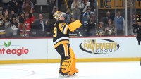 Pittsburgh Penguins goaltender Marc-Andre Fleury (29) acknowledges the crowd after playing in his final NHL game against the Columbus Blue Jackets at PPG Paints Arena.