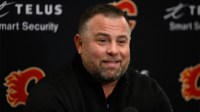 Calgary Flames assistant coach Marc Savard speaks to the media after the Flames defeated the Seattle Kraken at Climate Pledge Arena.