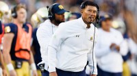 Notre Dame head coach Marcus Freeman looks on in the second half of a NCAA football game against NC State at Notre Dame Stadium on Saturday, Oct. 11, 2025, in South Bend.