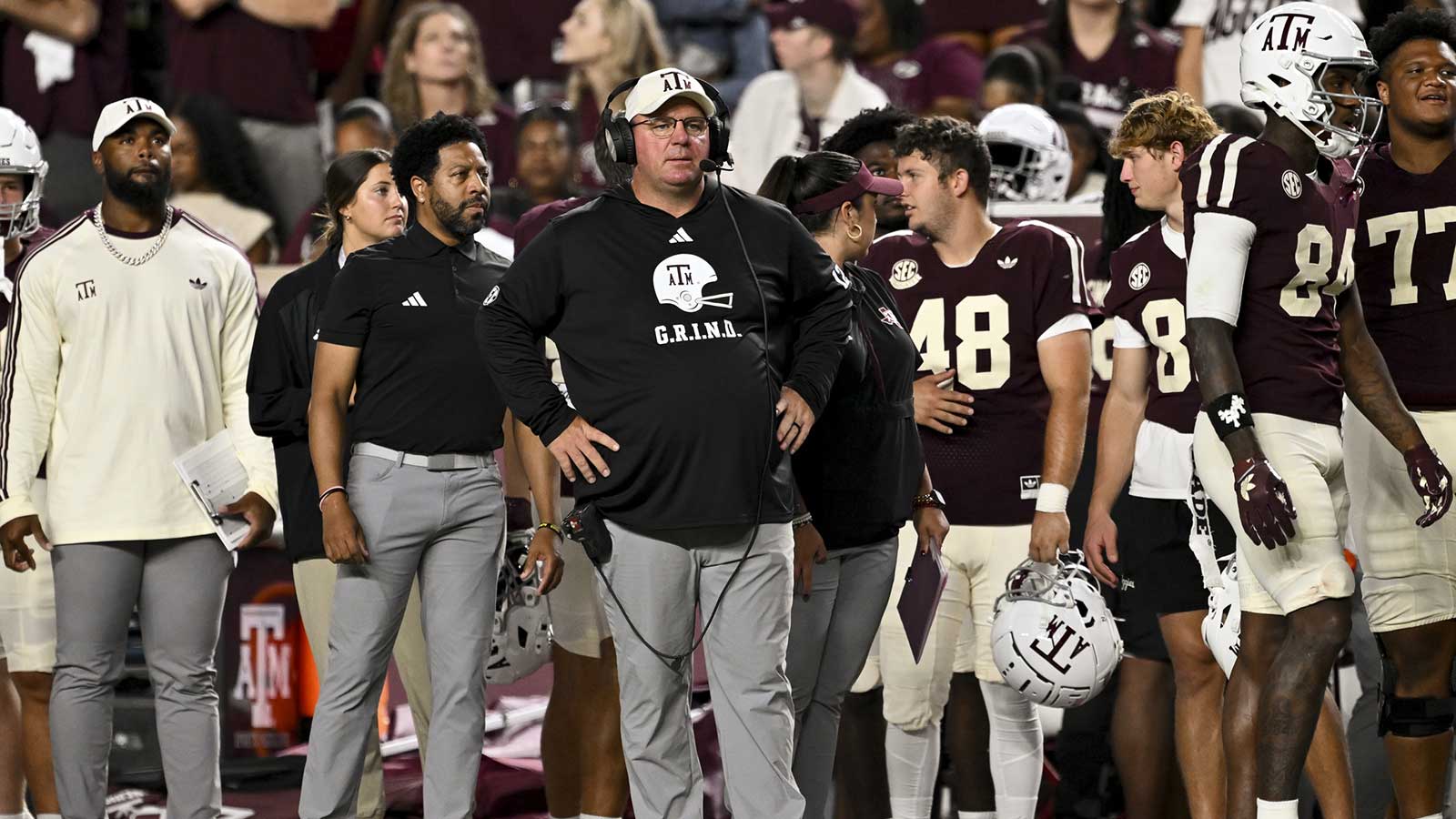 Texas A&M Aggies head coach Mike Elko looks on during the third quarter against the Florida Gators at Kyle Field.