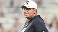 Texas A&M Aggies head coach Mike Elko looks on prior to the game against the Florida Gators at Kyle Field.