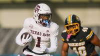 Texas A&M Aggies wide receiver Mario Craver (1) runs with the ball during the first half against the Missouri Tigers at Faurot Field at Memorial Stadium.