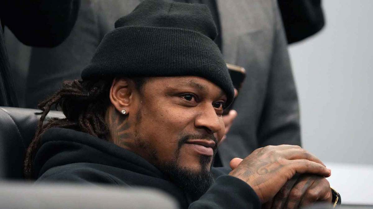 Marshawn Lynch at a press conference at Intermountain Health Performance Center.