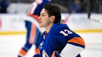 New York Islanders center Mathew Barzal (13) warms up before a game against the Vancouver Canucks at UBS Arena.